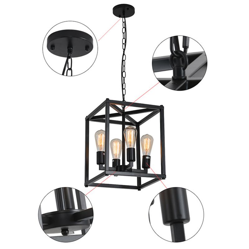 Black Cage Hanging Lamp Industrial Retro Metal Diner Pendant Chandelier in Square Shape