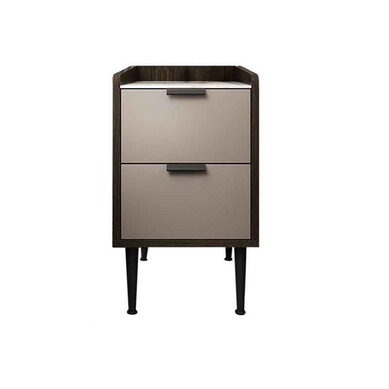 Espresso Wood and Off-White Night Table Modern Stone and Pearl Wood Bedside Cabinet