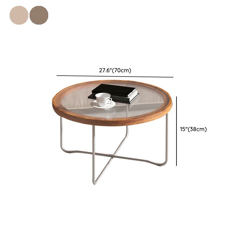 Round Glass Top Coffee Table Set Frame Cocktail Table with Wood Accent