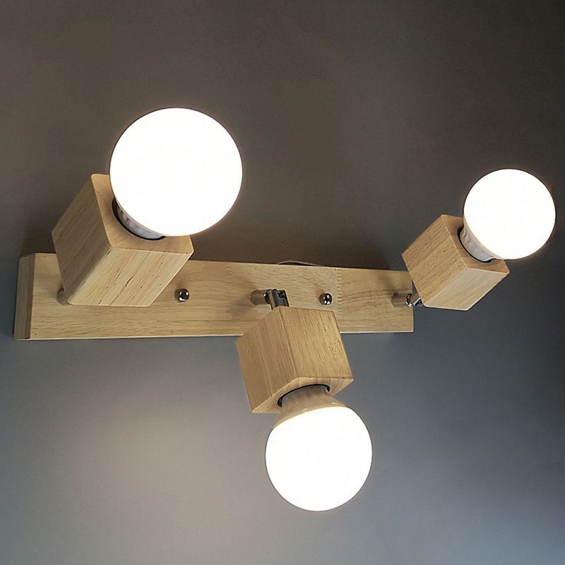 Cube Shaped Wooden Vanity Wall Sconce Nordic Beige Wall Mounted Lamp for Bathroom Hallway