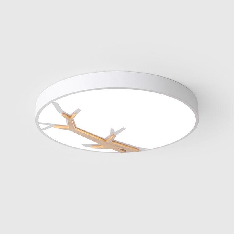 Nordic Round Iron Flushmount LED Ceiling Lighting with Withered Branch Pattern in Grey/White/Blue-Wood