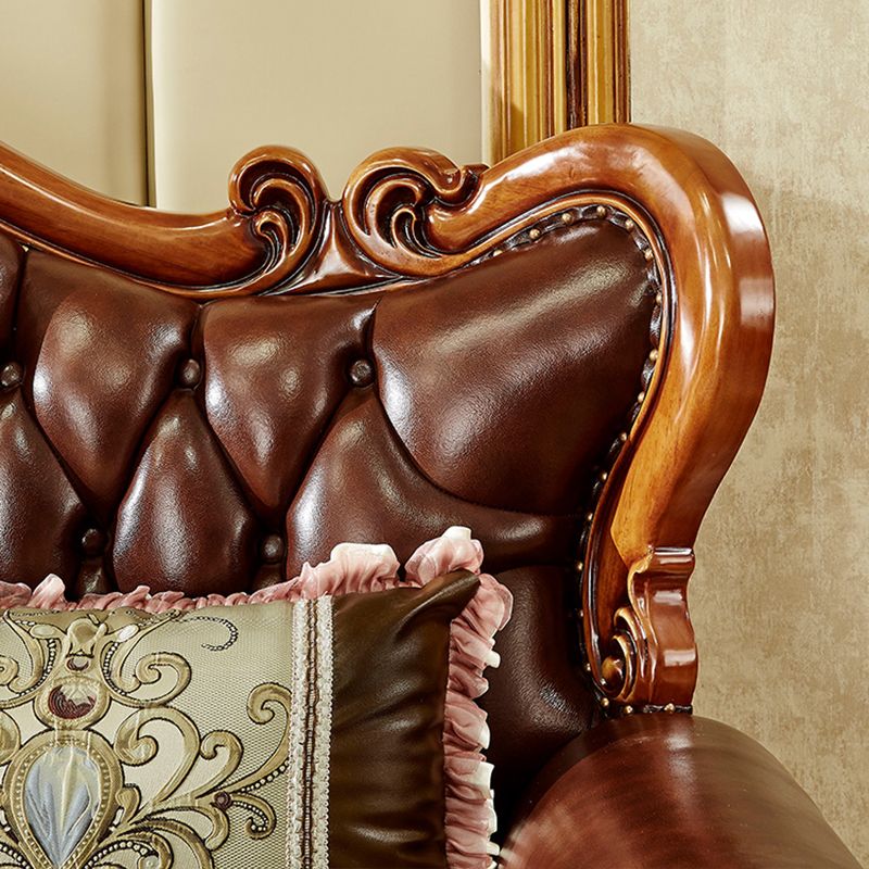 Ornate Traditional Tufted Split-Back Seating Flared Arm Sofa with Pillows in Brown
