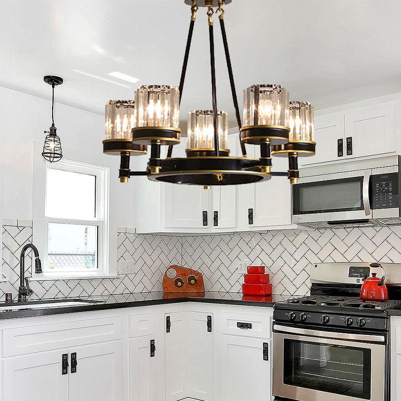 Modernist Cylinder Ceiling Chandelier Clear Crystal 5/6/8 Bulbs Living Room Pendant Lamp in Black