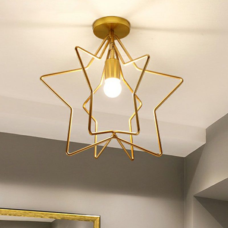 Industrial Star Semi Flush Mount Single Iron Flushmount Ceiling Light in Gold for Corridor