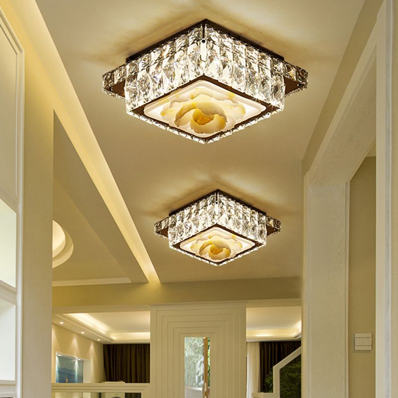 Crystal Block Round/Square Flush Mount Simple LED Chrome Close to Ceiling Lighting for Corridor