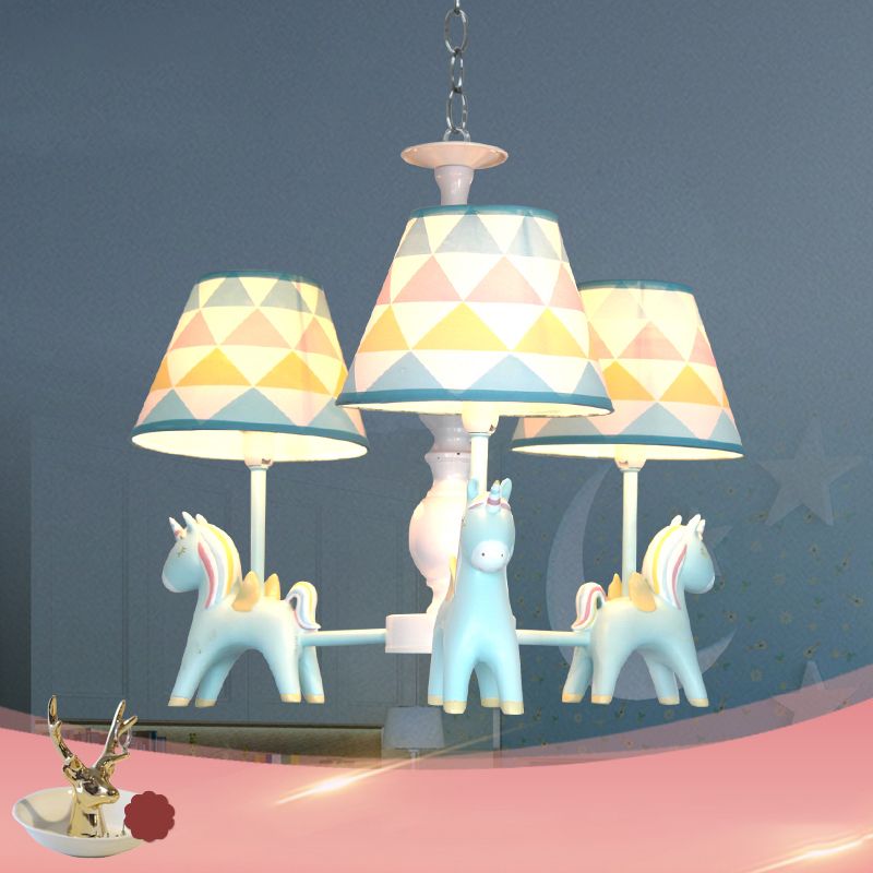 Tapered Shade Child Room Suspension Light Patterned Fabric Kids Chandelier Light with Decorative Unicorn