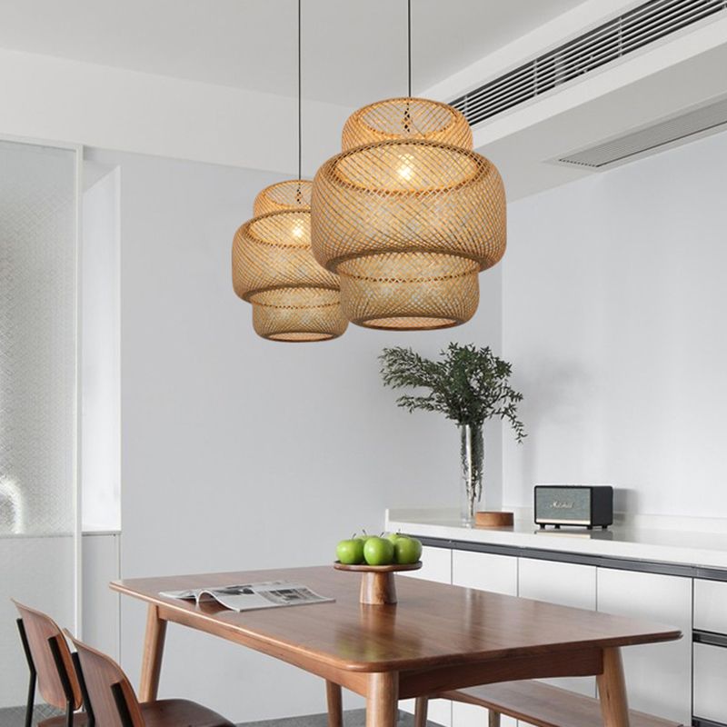 Bamboo Lantern Suspension Pendant Light Asia Style Beige Pendant Lighting Fixture