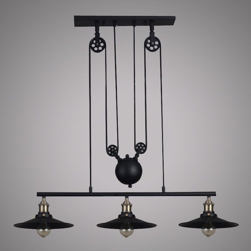 3 Lights Pulley Pendant Industrial Metal Black Hanging Island Light with Flared Shade