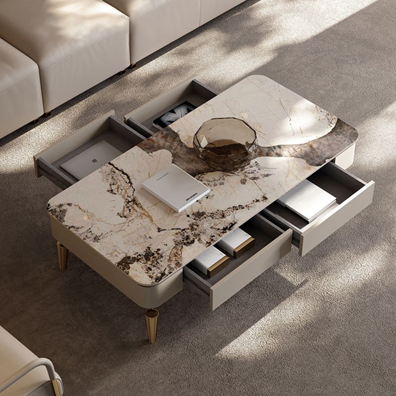 4 Legs Cocktail Table Modern Rectangle Single Coffee Table with 4 Drawers