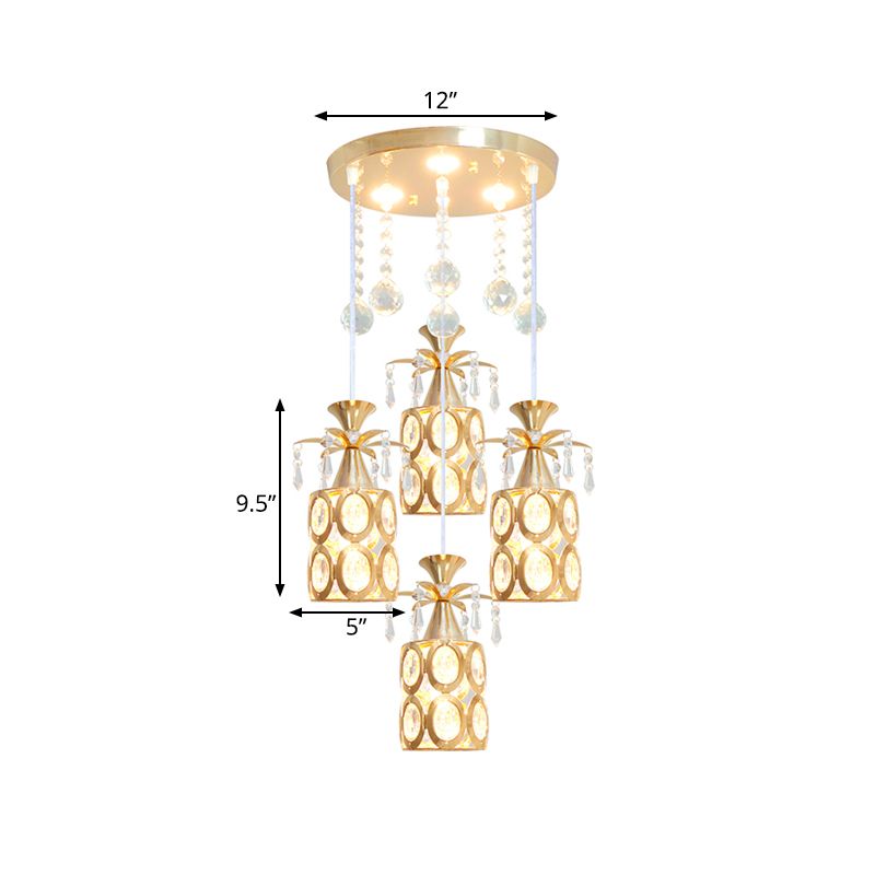 Zeitgenössische 4 Lichter Multi -Deckenlampe mit Kristall eingebetteter Schatten Gold Finish Zylinder Anhänger