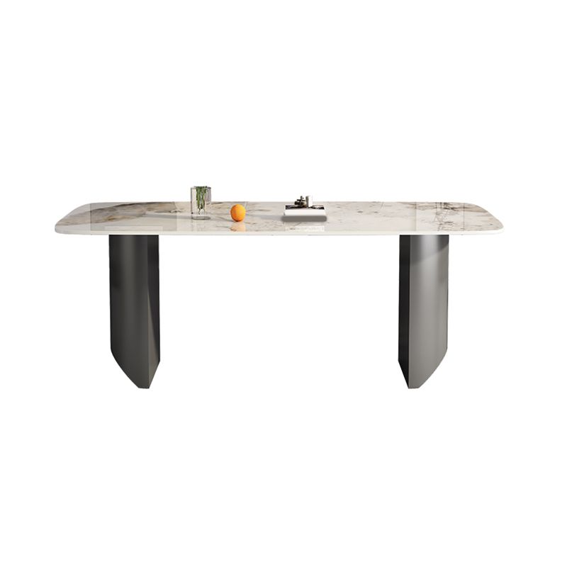 White Stone Top Dining Table Rectangular Tabletop with Metal Double Pedestal Base