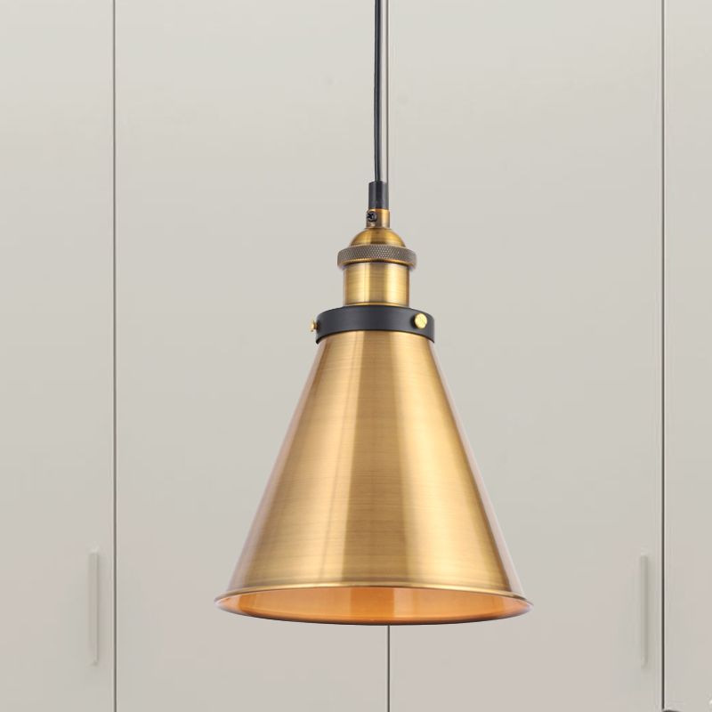 Antique Gold 1-Light Pendant Lighting Retro Iron Lid/Flat/Hammered Cone Hanging Light Fixture over Dining Table
