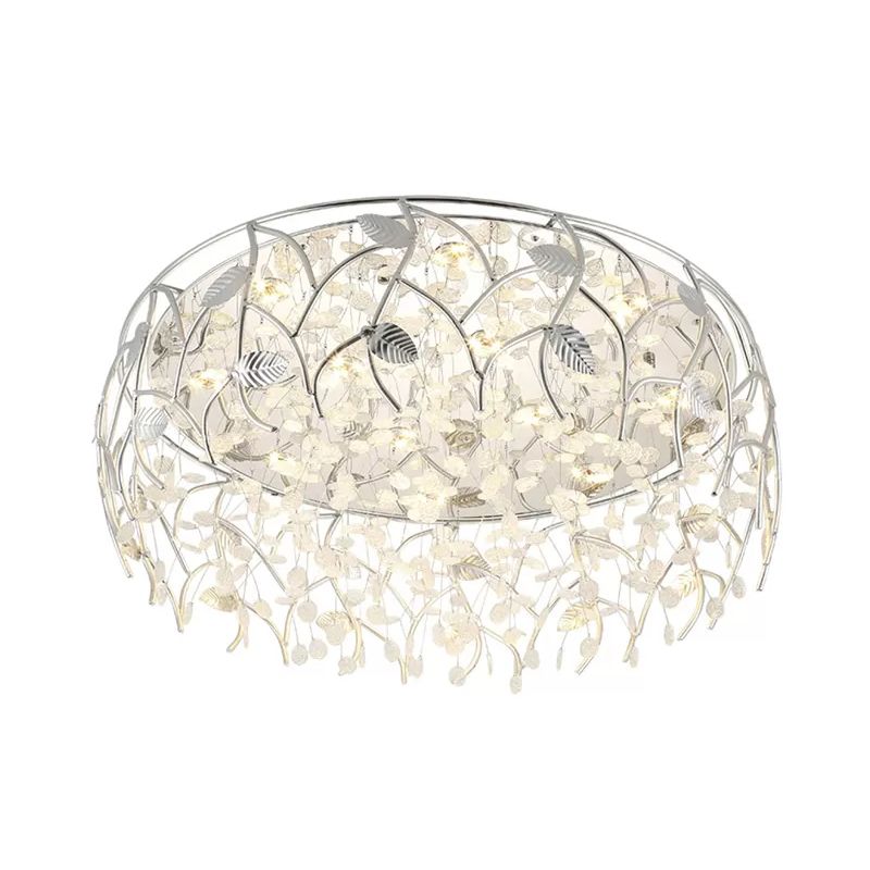 Plafonnier chromé romantique avec feuille et perle de cristal, plafonnier en métal pour chambre à coucher