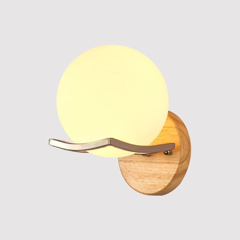 Globe Bedroom Wall Light Fixture Nordic Opal Glass Single Light Wood Sconce Lamp