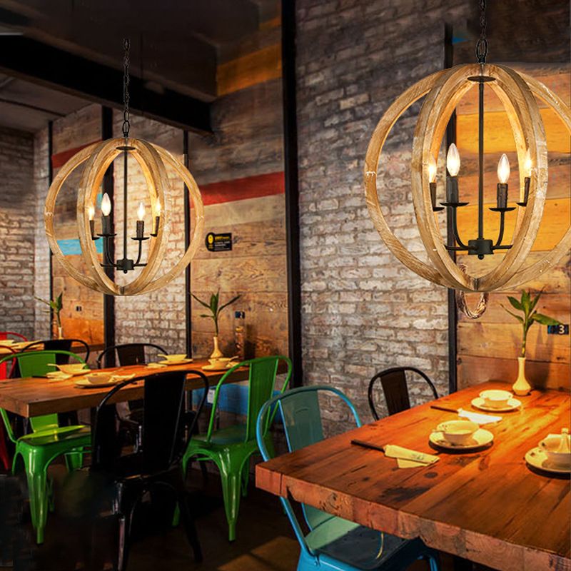 Sphere Chandelier Lamp Nordic Wood 4 Heads Beige Pendant Lighting Fixture for Restaurant