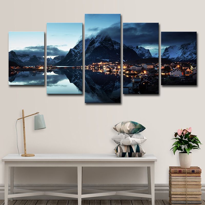 Modern Canvas Print Dark Blue Mountain Village by the River Night Scenery Wall Art
