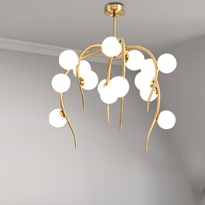Branch Dining Room Chandelier Iron 15/20-Light Modern Hanging Lamp in Black/Gold with Matte White Balls