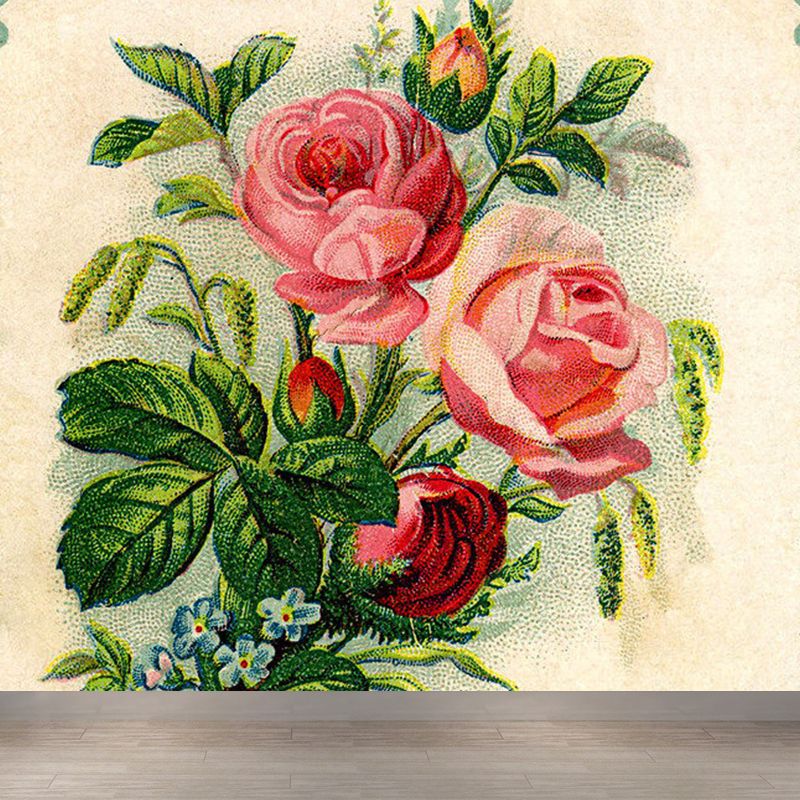 Modern Blossoming Rose Mural Wallpaper Green Summer Florentine Scenery Wall Covering