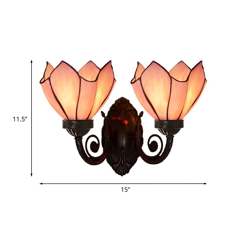 Petal Wall Sconce 2 Lights White/Pink Glass Mediterranean Wall Lighting Fixture with Swirl Arm for Living Room