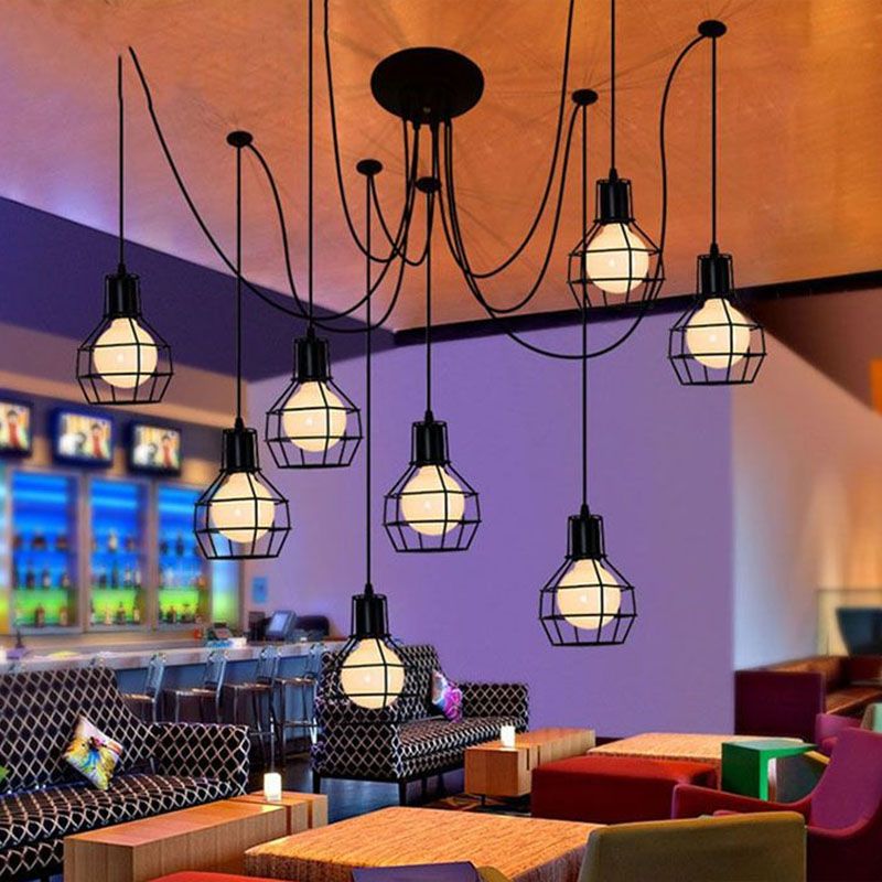 Spider Iron Multi Light Pendant Industrial 8 Bulbs Restaurant Hanging Lighting with Grenade Cage in Black