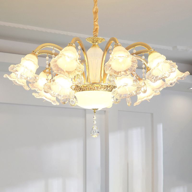 Gold Floral Shade Ceiling Lighting Traditional Ruffle Glass Living Room Chandelier Light with Crystal Draping