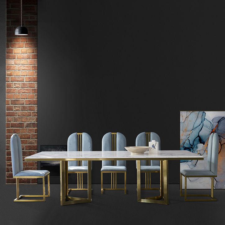 Luxury Sintered Stone Top Kitchen Table Rectangle Table with Gold Double Pedestal