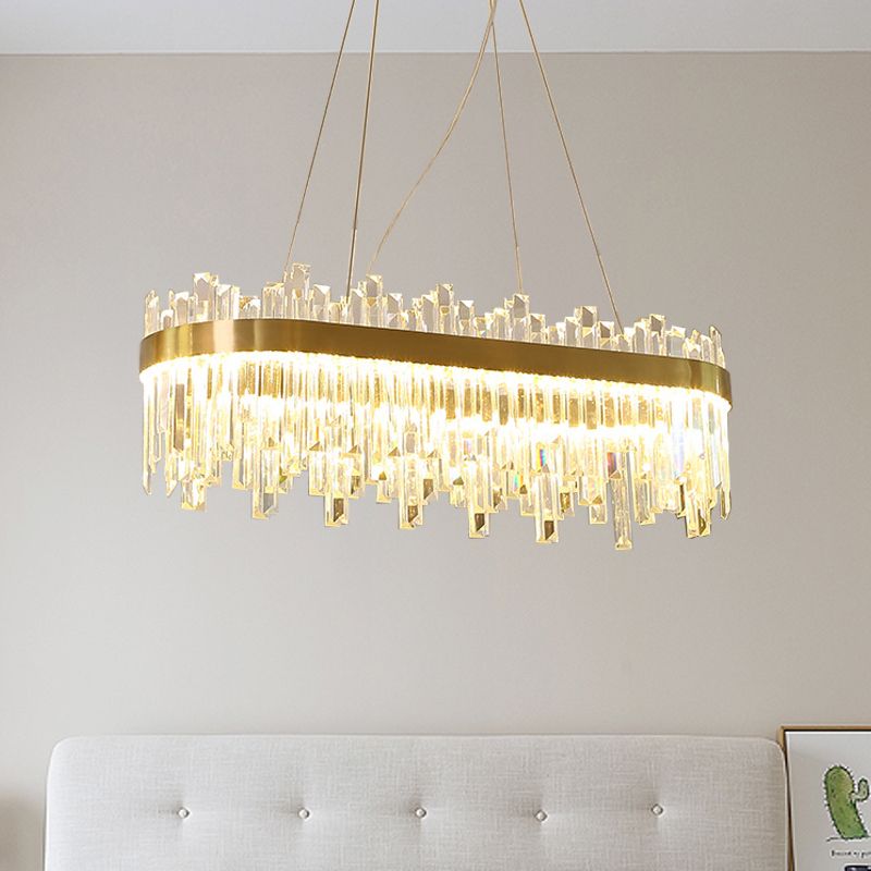 Oval Dining Room Hanging Lamp Kit Three Side Crystal Rod Postmodern LED Chandelier Light in Gold