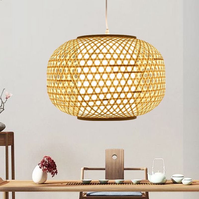 1 Head Bedroom Hanging Lamp Asia Beige Ceiling Pendant Light with Lantern Bamboo Shade