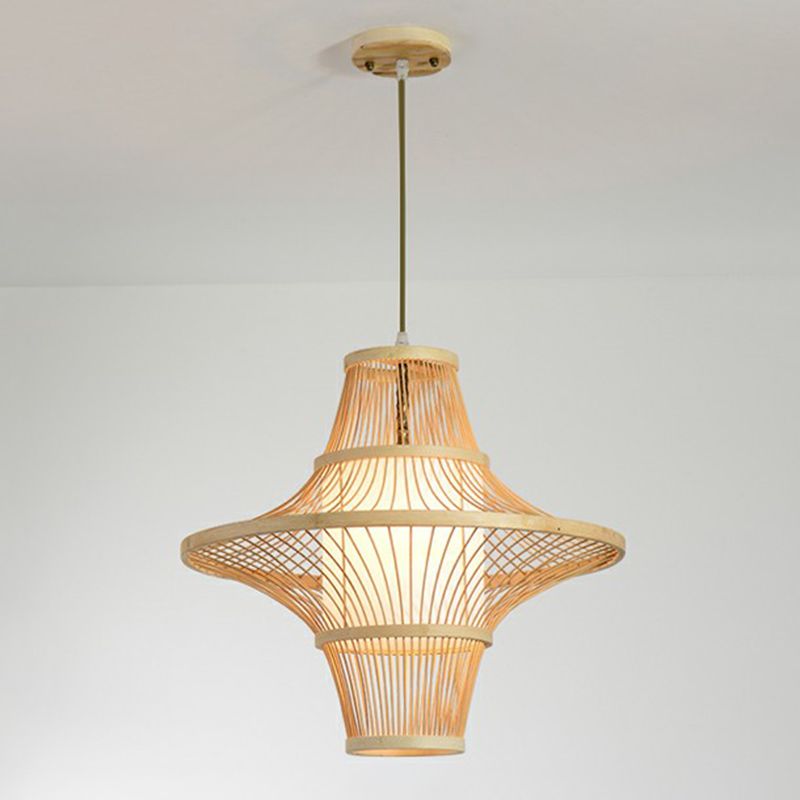 Symmetric Cage Bamboo Pendant Lamp Modern 1-Light Wood Pendulum Light for Restaurant
