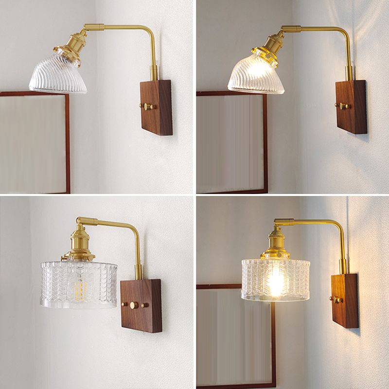 Modern Wood Wall Sconce Geometric Shape Wall Light with Glass Shade for Bedroom