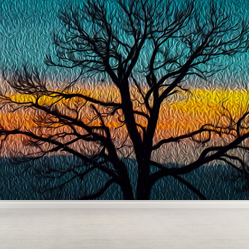 Modern Bare Tree Scenery Mural Decal Blue Waterproofing Wall Covering for Bedroom