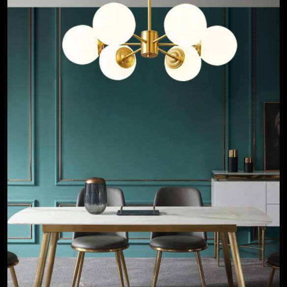 Post-Modern Metal Hanging Chandelier Light Opal Glass Shade Ceiling Chandelier in Gold for Bedroom