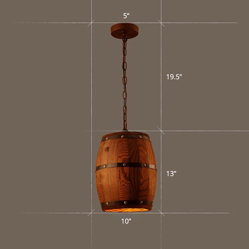 Wooden Wine Barrel Pendant Light Fixture Rustic 1-Light Brown Suspension Lighting for Bistro