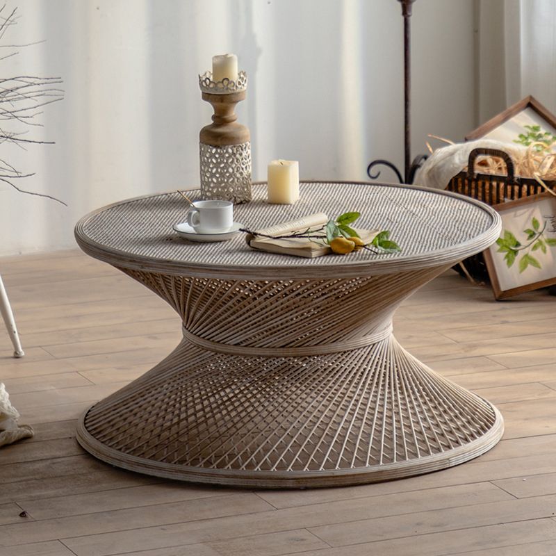 French Country Round Rattan Coffee Table Distressed Brown Cocktail Table