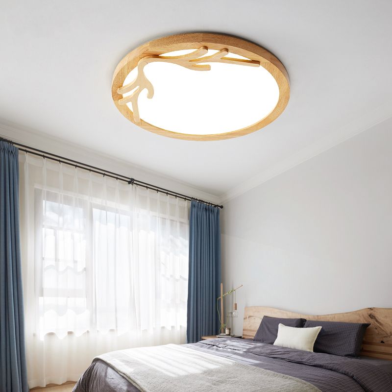 Plafonnier LED moderne en bois de cerf avec diffuseur acrylique, beige