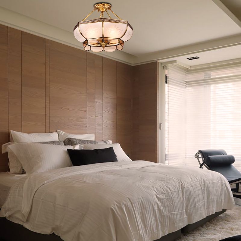 3/4 Bulbs Dome Ceiling Light Fixture Colonial Brass Satin Opal Glass Semi Flush Mount Lighting for Living Room, 14"/18" Dia