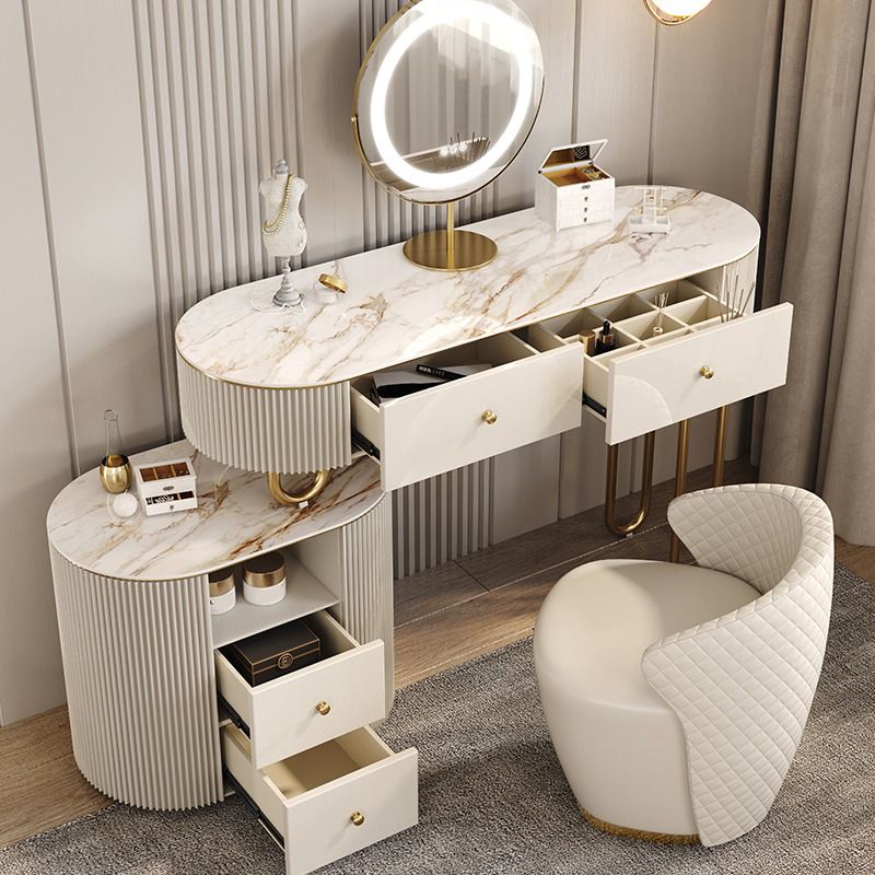 Beige Vanity Dressing Table Set Glossy Finish Dresser with Wood Drawers