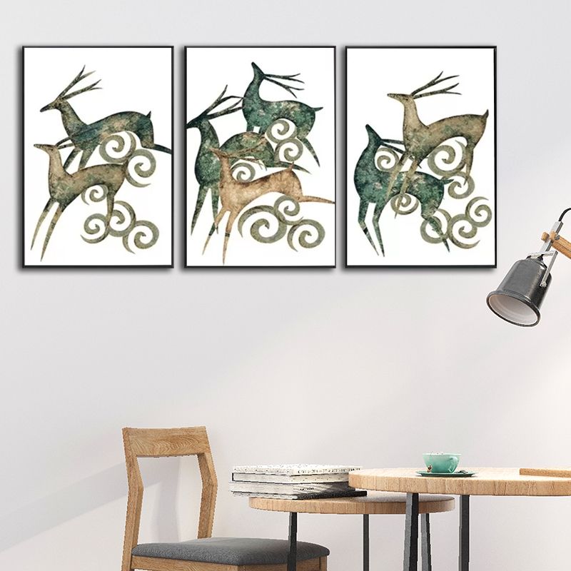 Green Deer Wall Art Set Wild Animal Nordic Textured Canvas Print for Dining Room
