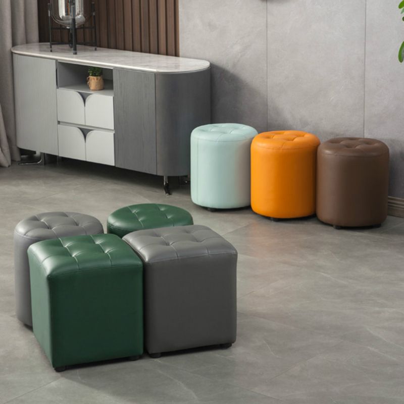 Dark Green Contemporary Pouf Pure Color Round Leather Indoor Pouf