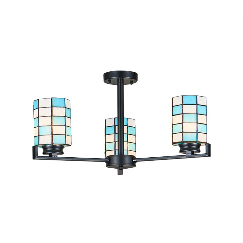 Stained Glass Black/White Semi Mount Lighting Cylinder 3/6/8 Lights Baroque Ceiling Mounted Light