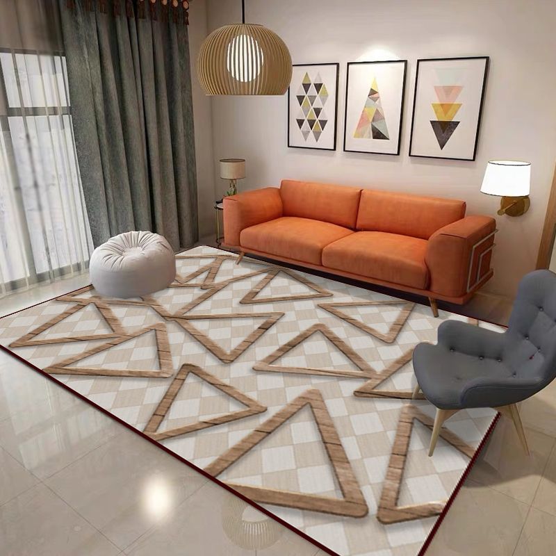 Simple Modern Rug in Brown Geometry Triangle Square Pattern Rug Polyester Anti-Slip Carpet for Home Decoration