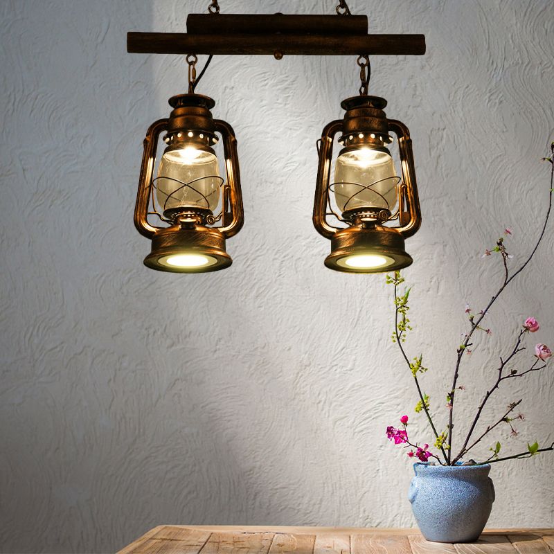 Bronze/Copper Lantern Island Light Fixture Coastal Clear Glass 2-Bulb Kitchen Hanging Lamp