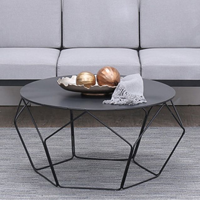 Mid-Century Modern Round Coffee Table with Iron Top and Steel Base