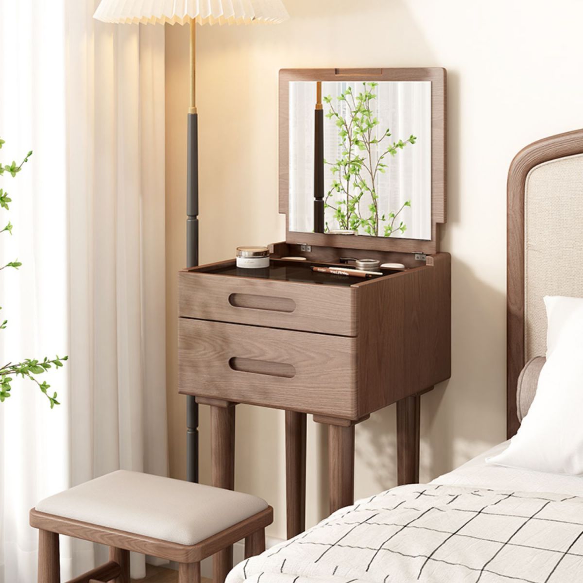 Mid-Century Modern Make-up Vanity Solid Wood Flip-Top Dressing Table