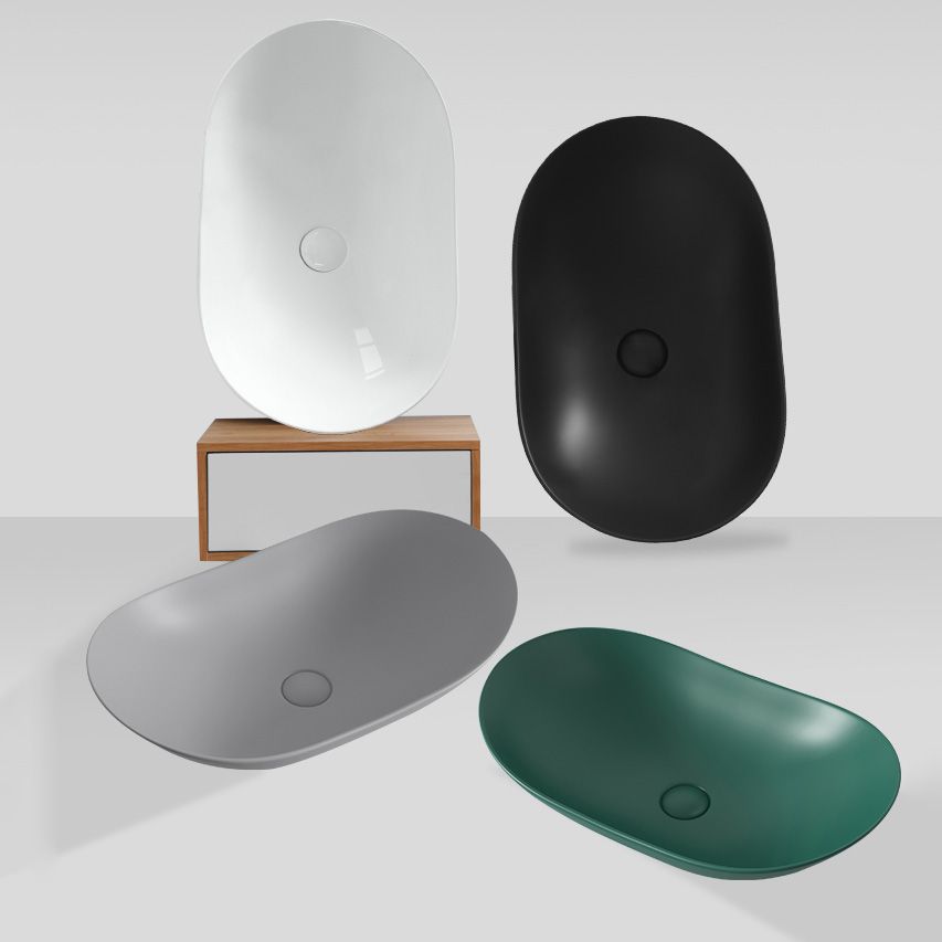 Contemporary Bathroom Sink Pop-Up Drain Porcelain Solid Color Oval-Shape Vessel