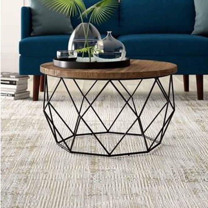 17.7" H Wood Round Top Coffee Table, Metal Frame Base Cocktail Table