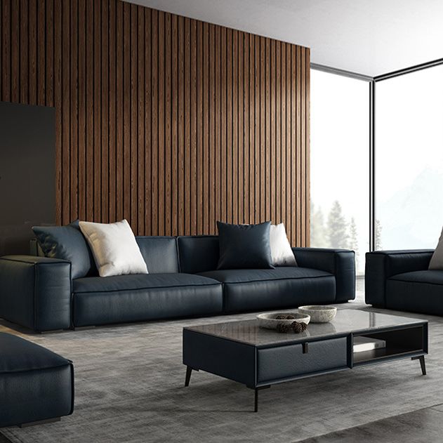Contemporary Stationary Faux Leather Living Room Seating Square Arm Cushions Sofa