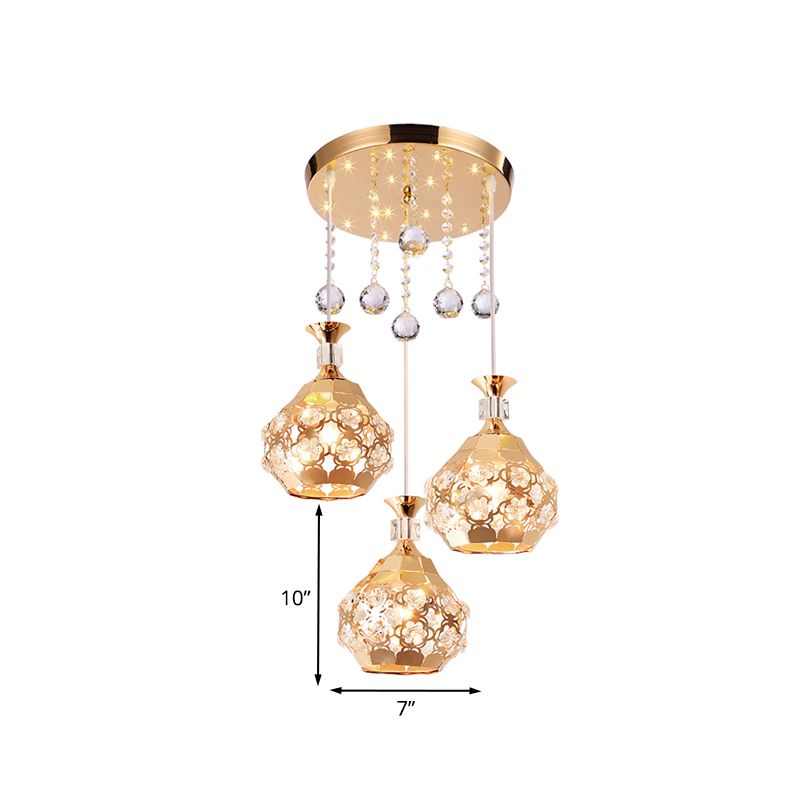 Dome Dinning Room Multi Hanging Light Crystal Embedded 3 Lights Modernism Suspension Lamp in Gold