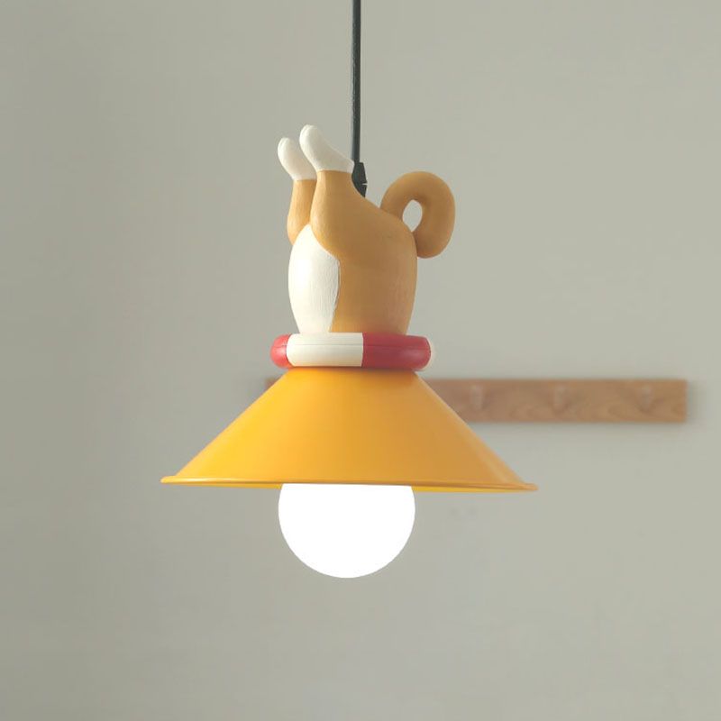Yellow Animals Hanging Lamp Kit Cartoon Single Bulb Resin Pendant Lighting with Conic Shade