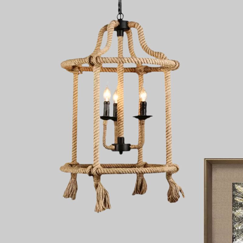 Brown Geometric Ceiling Light with Cage Shade Retro Style Hemp Rope 3 Lights Dining Room Chandelier Lighting